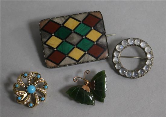 A multi hardstone set brooch and three costume brooches.